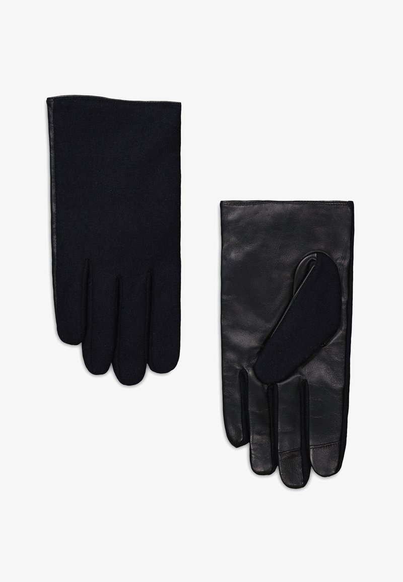 Guanti neri con un esterno in lana e un interno in pelle, dal design elegante, con cinque dita e una forma aderente.