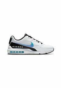 Sneakers Nike Air Max in pelle bianca con accenti neri, swoosh blu, ammortizzazione ad aria visibile e tallone nero testurizzato. Suola in gomma.