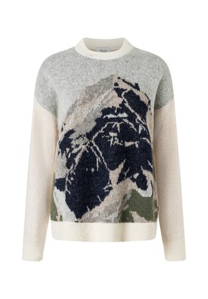 Gebreide trui met lange mouwen met een gemengd beige, grijs, groen en zwart abstract bloemmotief en geribde kraag, manchetten en zoom.