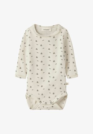 Cremefarvet babybody med rib og lange ærmer samt små sort blomsterprint, med trykknapper i bunden og scallopkant.
