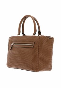 Borsa a tracolla in tessuto marrone con doppio manico, tasca frontale con zip e superficie strutturata. Forma rettangolare compatta con design sobrio.