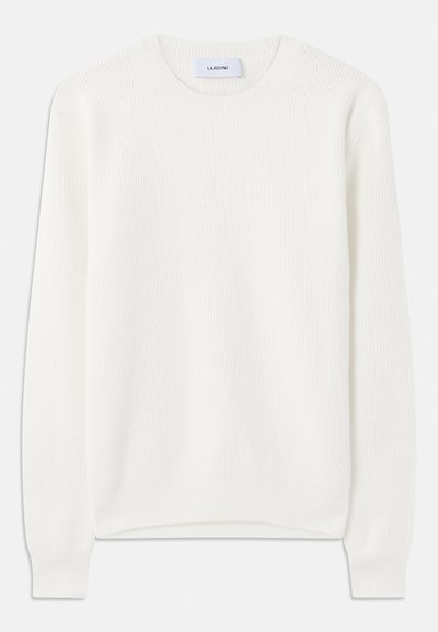 White ribbed sweater with a round neckline and long sleeves; features a soft texture and a subtle, even pattern across the fabric.