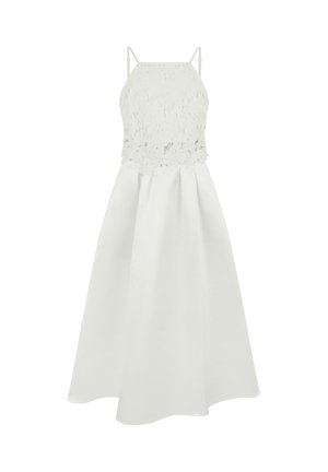 Abito bianco senza maniche con corpetto in pizzo floreale, spalline sottili e gonna plissettata e fluente.
