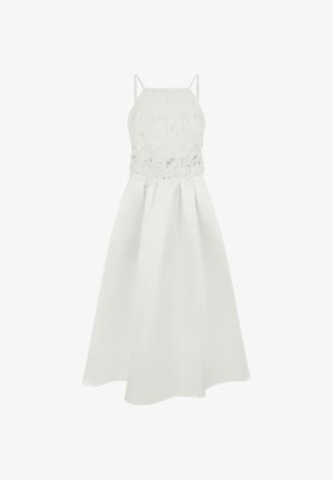 Vestido blanco sin mangas con corpiño de encaje floral, tirantes finos y falda plisada y fluida.