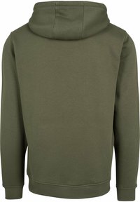 Sudadera con capucha en verde oliva, hecha de una tela suave. Presenta un diseño simple con puños y dobladillo acanalados. Sin acentos ni patrones visibles.
