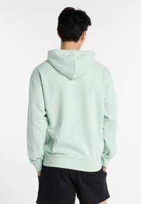Sudadera de color verde claro con capucha ajustable, puños y cintura acanalados; textura suave y corte relajado. Combinada con pantalones cortos negros.
