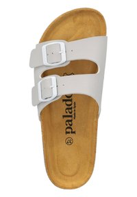 Gray two-strap sandal with white buckles, cork footbed, and brown textured insole. Notable brand logo on the footbed.