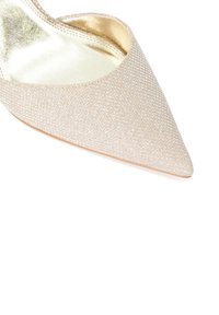 Pointed-toe beige shoe with a textured, shimmering upper and a shiny gold interior, featuring a slip-on design and a thin outer sole.