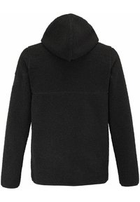 Svart fleecetröja med huva, med en texturerad tyg, långa ärmar och rak skärning. Inga synliga knäppningar eller fickor.
