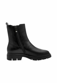 Černé kožené kotníkové boty se zipem na straně, masivní podrážkou a hladkým povrchem. Obsahují poutko na zadní straně a detaily přišití.