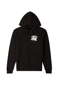 Felpa nera con cappuccio realizzata in un morbido misto cotone. Presenta una tasca a marsupio frontale e una stampa grafica bianca di un orso sul petto.