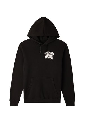 Felpa nera con cappuccio realizzata in un morbido misto cotone. Presenta una tasca a marsupio frontale e una stampa grafica bianca di un orso sul petto.