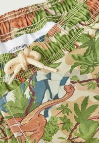 Shorts de bain en tissu léger, avec un imprimé de dinosaures vert et beige, dotés d'un cordon de serrage crémé noué et d'une taille élastique.