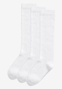 Drei Paare weißer knielanger Socken mit strukturierten Rautenmuster und gerippten Bündchen. Hergestellt aus weichem, dehnbarem Stoff für hohen Tragekomfort.