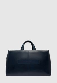 Lederhandtasche in Marineblau mit glatter Oberfläche. Verfügt über zwei Henkel und ein rechteckiges Frontdetail mit kontrastierenden Nähten. Reißverschlussverschluss.