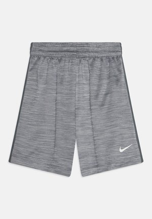 Sive športne kratke hlače iz lahkega materiala, z diskretnim meliranim vzorcem, elastičnim pasom in belim logotipom Nike na levi strani.