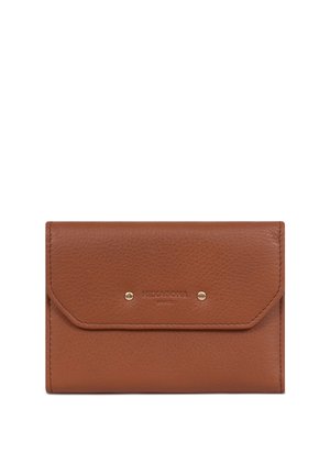 Bruine leren portemonnee met een getextureerd oppervlak, klepsluiting bevestigd met twee gouden studs en "HEXAGONA PARIS" reliëf aan de voorkant.