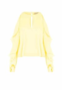Blusa gialla con scollo a goccia, maniche lunghe con balze sovrapposte e design corto. Tessuto dalla texture liscia.
