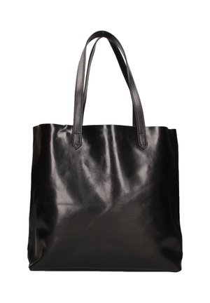 Borsa tote in pelle nera con texture liscia, due manici lunghi e apertura superiore, caratterizzata da un design semplice e minimalista.