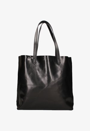 Black leather tote bag with smooth texture, two long handles, and an open top, featuring a simple and minimalist design.