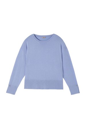 Maglione a maniche lunghe di colore azzurro chiaro, in maglia, con orlo e polsini a costine, scollo rotondo e piccoli dettagli con bottoni sui polsini.