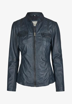 Navyblauwe leren jasje met staande kraag, ritssluiting aan de voorkant en twee borstzakken. Beschikt over een aansluitend ontwerp en gestikte details.