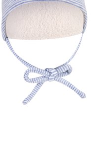 Blue and white striped cotton cap with soft, fuzzy lining and adjustable ties, featuring a rounded shape and smooth texture.