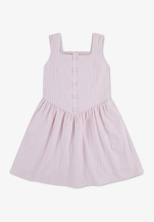 Abito a righe rosa con scollo quadrato, chiusura frontale con bottoni, design senza maniche e gonna arricciata. Realizzato in tessuto leggero.