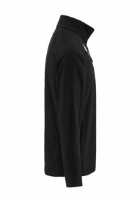 Giacca in pile nera con colletto alto, maniche lunghe e tasca con zip sul petto, caratterizzata da una texture liscia e un design minimalista.