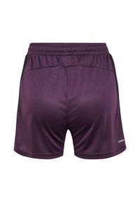 Lila Sportshorts mit elastischem Bund, schwarzen Seitenteilen und dem Schriftzug „BEECOOL“ am unteren Saum, von hinten gezeigt.