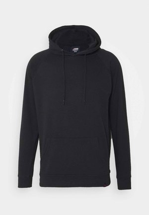 Sudadera con capucha negra de manga larga con bolsillo canguro delantero y capucha con cordón, etiquetada con "Denim Project" en talla mediana.
