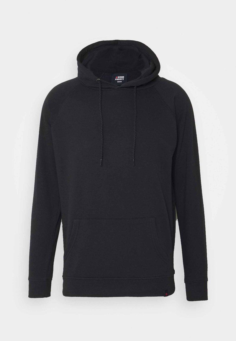 Sweat à capuche noir à manches longues avec poche kangourou à l'avant et capuche avec cordon, étiqueté "Denim Project" en taille moyenne.