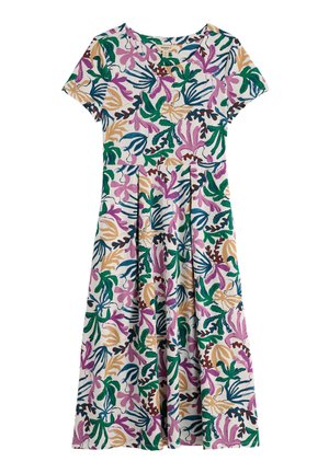 Rochie cu mâneci scurte, lungime până la genunchi, cu model floral și frunze multicolor în verde, violet, bej și albastru pe fundal alb.