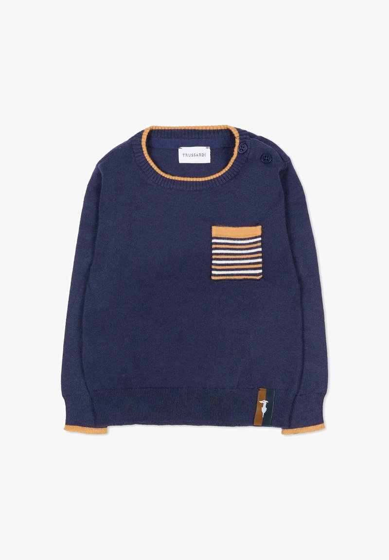 Maglione blu marina con collo a giro, dettagli in contrapposizione color senape, taschino a righe sul petto e etichetta del logo sull'orlo.