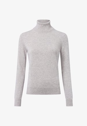 Hellgrauer Rollkragenpullover aus weichem Strickstoff. Mit langen Ärmeln, taillierter Passform und gerippten Bündchen sowie Saum.