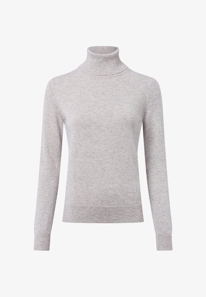 Lichtgrijze coltrui van zacht breiwerk. Heeft lange mouwen, een aansluitend ontwerp en ribgebreide manchetten en zoom.