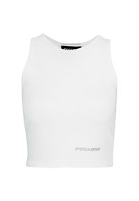 White ribbed crop tank top, featuring a round neckline and no sleeves. Subtle "PEGADOR" text embroidered in silver at the hem.