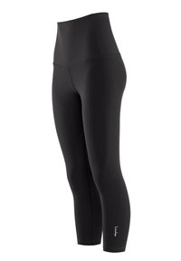 Fekete, magas derekú leggings, rugalmas anyagból, sima tapintású, testhezálló fazonnal és kis logóval az alján.