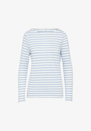 Lange mouw top in lichtblauw en witte strepen, met een boot-neckline en zachte, lichte stof.