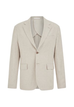 Blazer beige monopetto con rever a incavo, due tasche frontali con pattina, taschino sul petto e una chiusura con un bottone visibile.