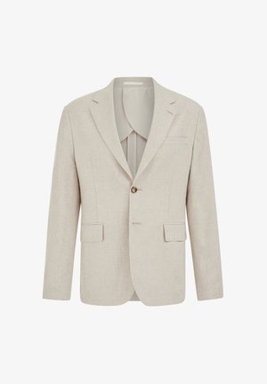 Beež ühe rinnaga bleiser sälkidega revääridega, kahe ees oleva klapi- taskuga, rinnataskuga ja ühe nähtava nööbikinnitusega.