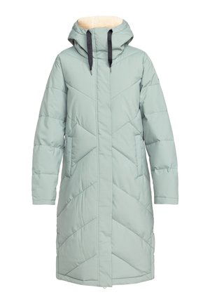 Hellgrüne Steppjacke mit Kapuze, ausgestattet mit einem mit Sherpa gefütterten Kragen, diagonalen Nähten und since Taschen. Lange Ärmel und gerader Schnitt.