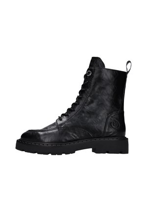 Black leather lace-up ankle boot with thick sole and pull tab at the back, side view on white background.