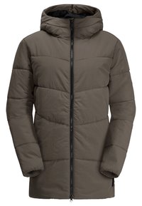 Lång pufferjacka i mörkgrått med dragkedja fram, hög vadderad krage, fast huva och elastiska manschetter på ärmarna.