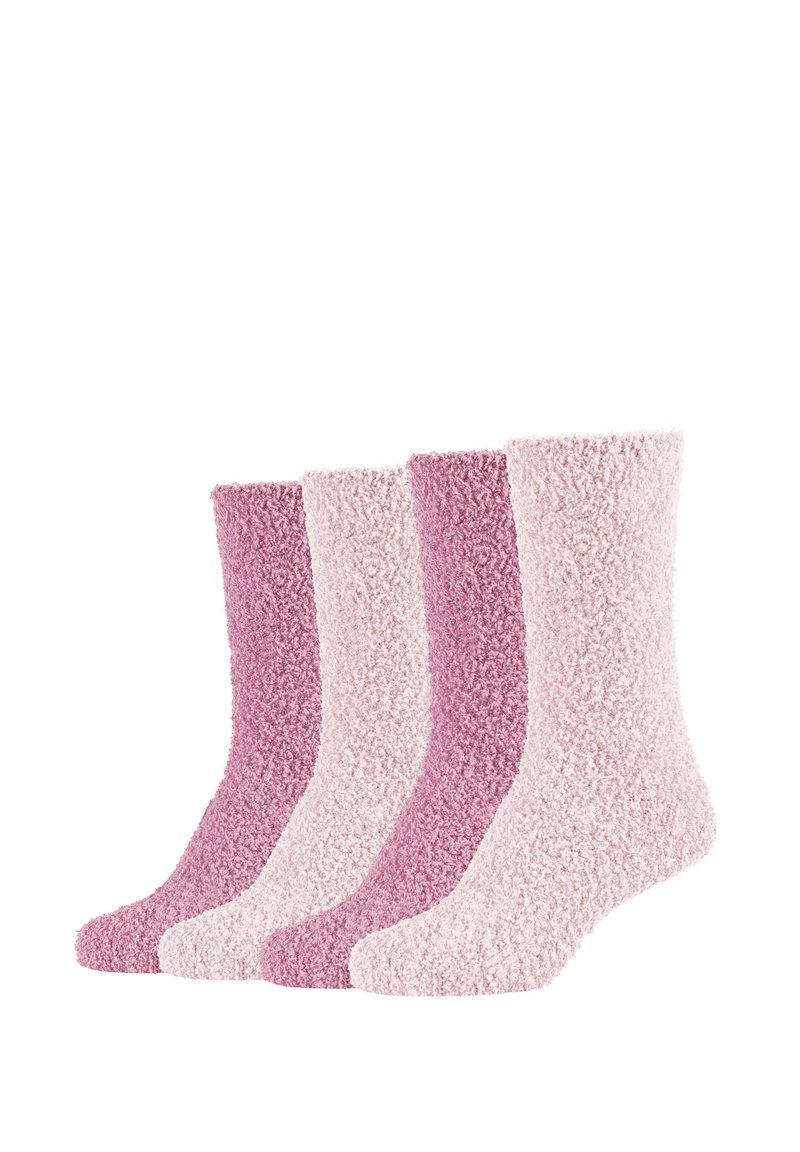 Štiri para puhastih nogavic v odtenkih roza in mauve. Material je mehak, z teksturirano površino in obliko do sredine teleta.