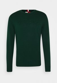 Tummanvihreä neulepaita, jossa on pyöreä pääntie, pitkät hihat ja etuosassa teksturoitu "Tommy Hilfiger" -logo. Resorit hihoissa ja helmassa.