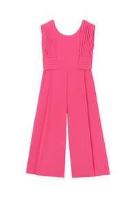 Salopette rosa con dettagli plissettati sulle spalle, scollatura a girocollo e design a gamba larga. Tessuto morbido e leggero.