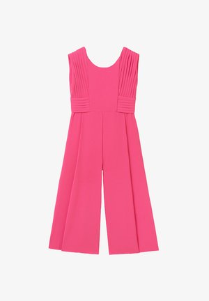 Salopette rosa con dettagli plissettati sulle spalle, scollatura a girocollo e design a gamba larga. Tessuto morbido e leggero.