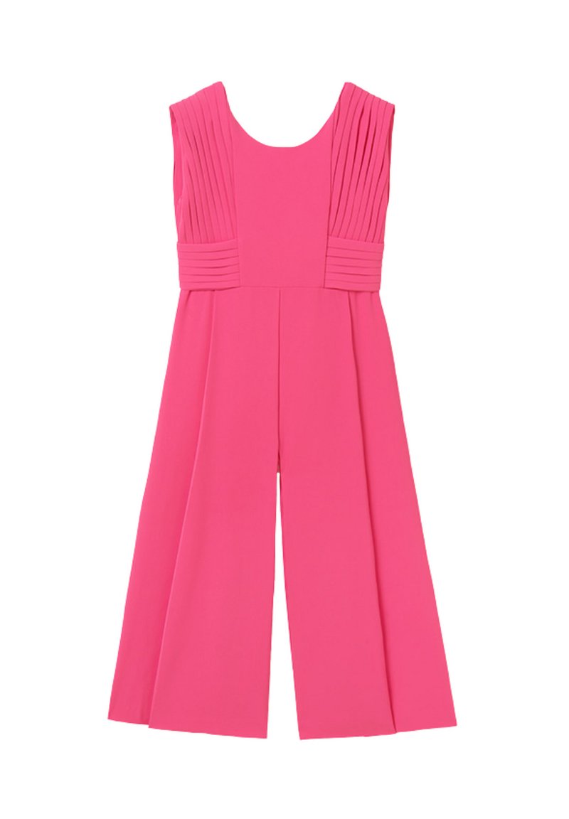 Salopette rosa con dettagli plissettati sulle spalle, scollatura a girocollo e design a gamba larga. Tessuto morbido e leggero.