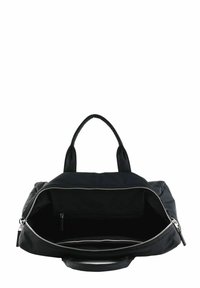 Schwarze Sporttasche mit offenem Oberreißverschluss, die den geräumigen Innenraum und die kleine innere Reißverschlusstasche zeigt, mit zwei kurzen Traggriffen.